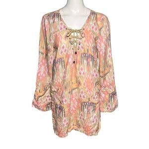 Marrakech Linen Tunic Dress Lace Up Pink Beige Beach Cover Up Pockets Size M